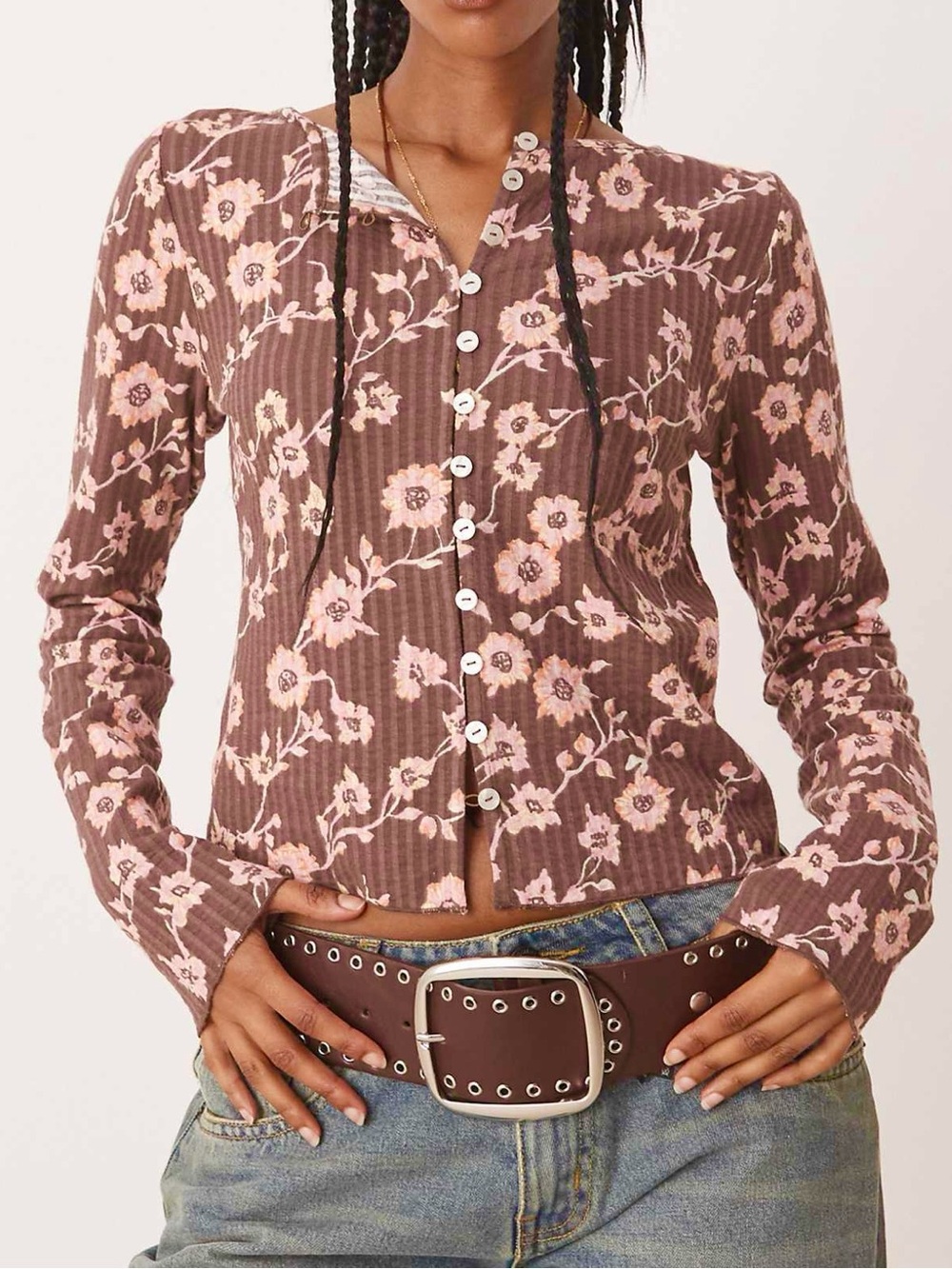 Free People Tilly Printed Long Sleeve Floral Ribbed Top Chocolate Combo-Size XS